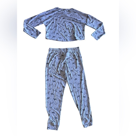 Derek Heart Animal Print Cocktail Pajama Crop Top Pant Set Long Sleeve Soft L - Picture 1 of 16